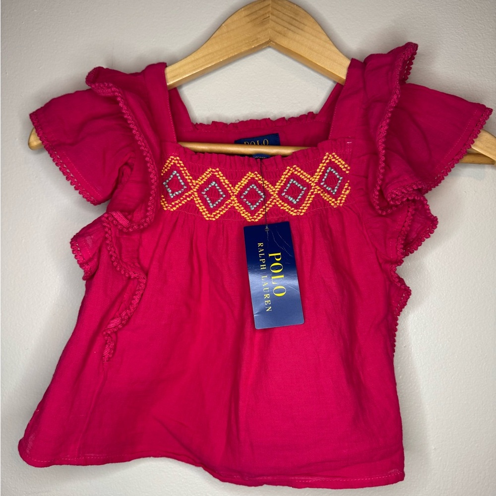 Polo Ralph Lauren Girls Size 6 Pink Embroidered Flutter Sleeve Blouse NWT